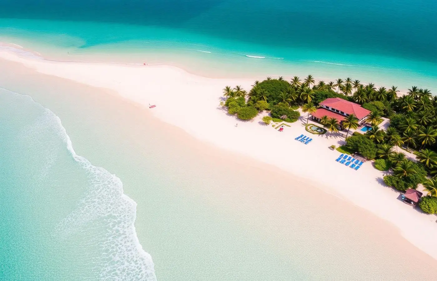 Aerial view of Diani beach: white sand, turquoise shallows and a palm-fringed resort roofline