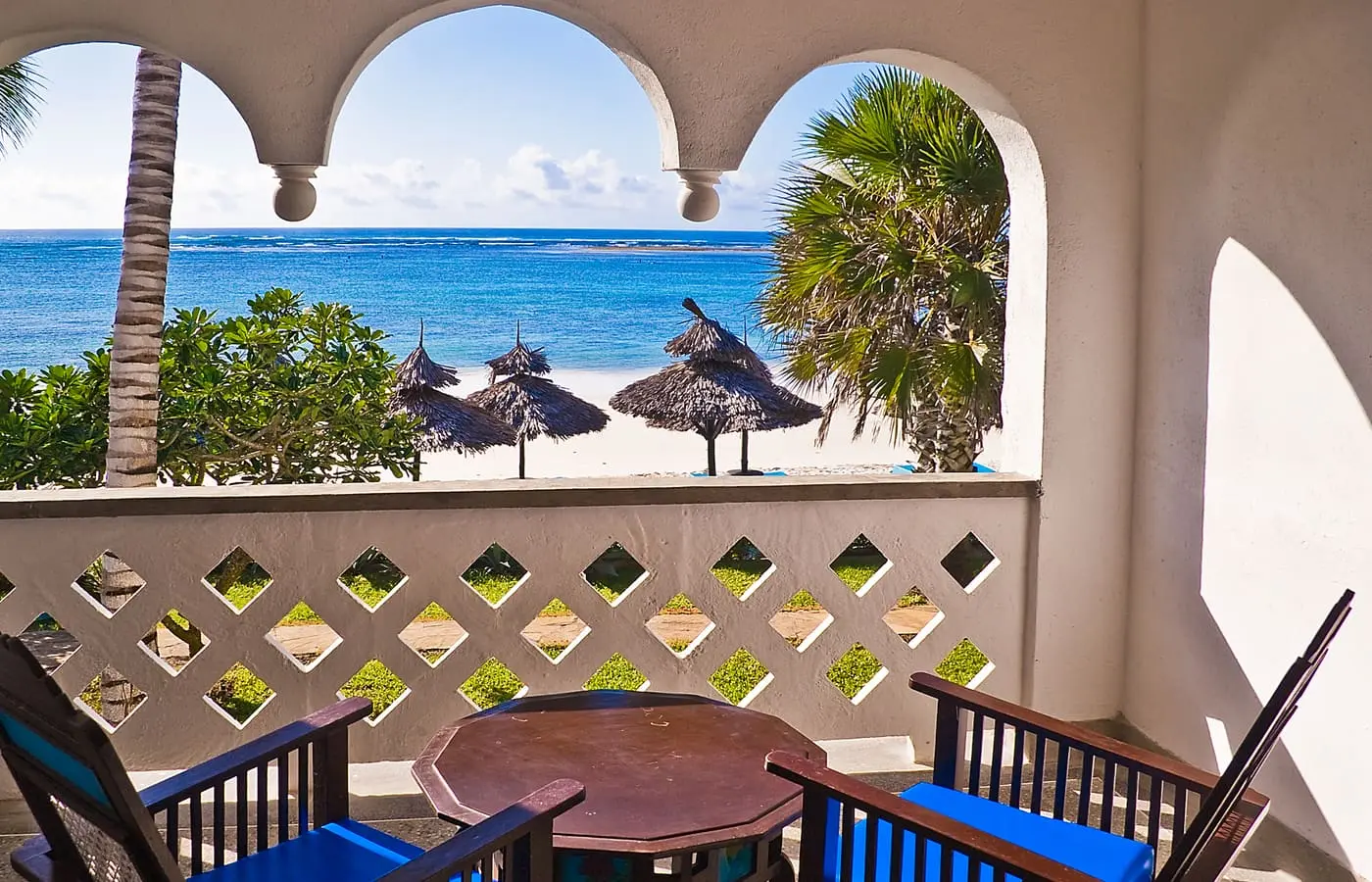 Ocean-front room balcony overlooking the beach at Southern Palms Beach Resort, Diani
