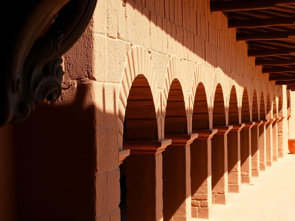 Coral-stone colonnade and carved timber detail of Swahili coastal architecture in warm sunlight